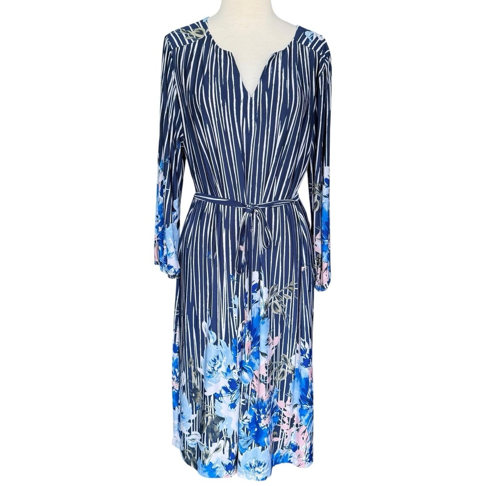 Luxology Blue White Striped Floral V-neck Long Sleeve Belted Midi Dress Size XL